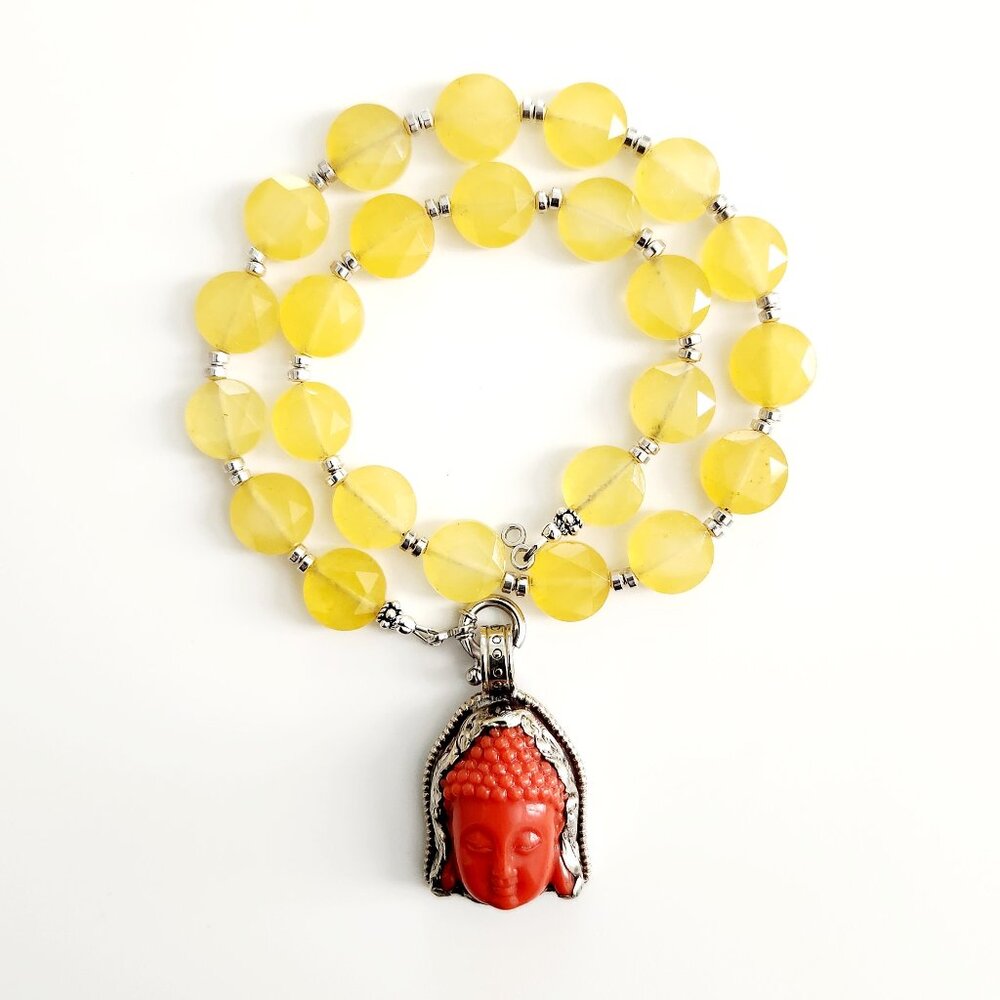 YELLOW AGATE NECKLACE W/ ORANGE BUDDHA PENDANT-16"